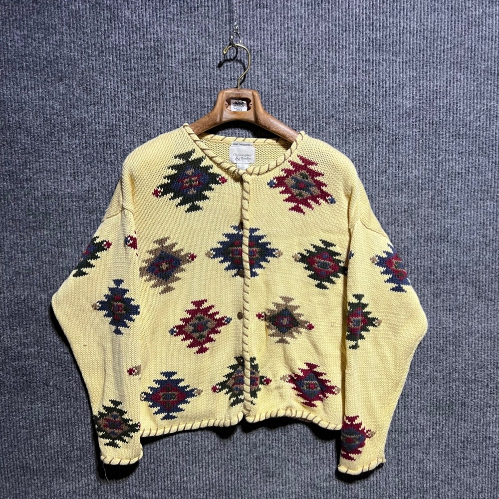 Vintage Christopher & Banks Cardigan Womens L Yellow Southwestern Embroidered